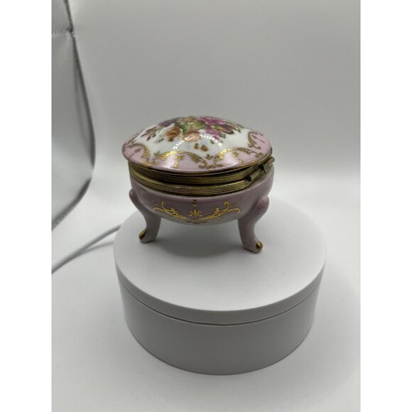 Porcelain Hand Painted Trinket Box Hinged Lid 4 Pedestal Legs Pink Floral VTG - Picture 5 of 16